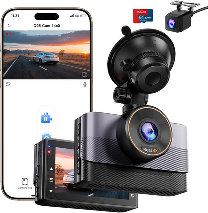 4K Dashcam Voor en Achter – Dashcam Auto – Auto Camera – Autocamera – Dubbele Dashcam – WiFi & App-Besturing – 64GB SD-Kaart Inbegrepen