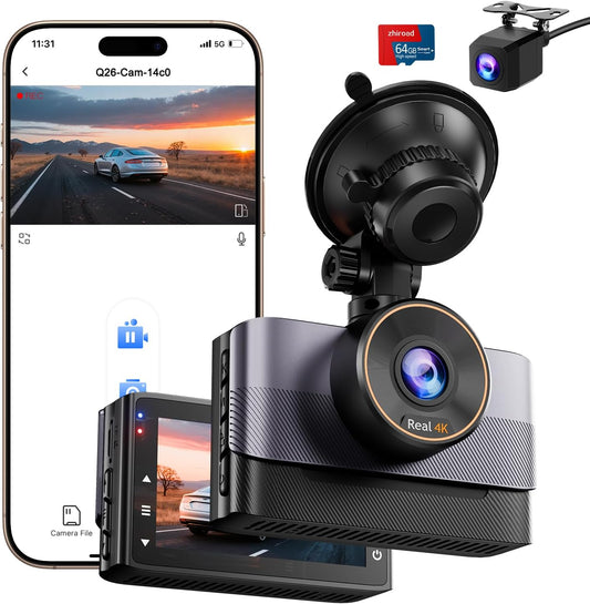 4K Dashcam Voor en Achter – Dashcam Auto – Auto Camera – Autocamera – Dubbele Dashcam – WiFi & App-Besturing – 64GB SD-Kaart Inbegrepen