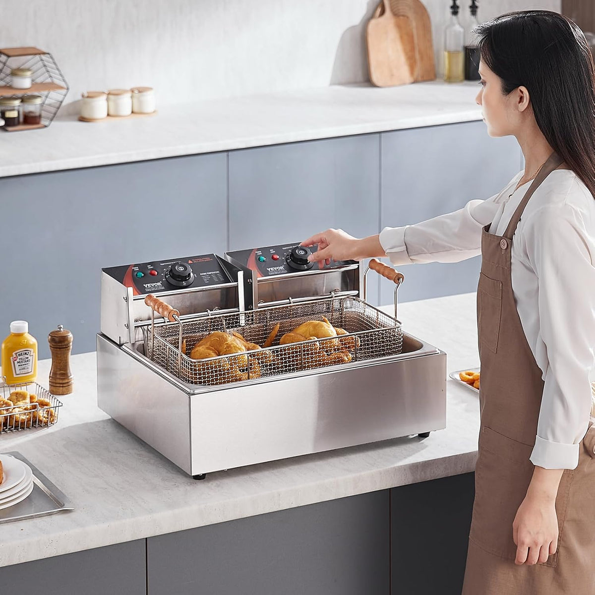 VEVOR Professional Electric Deep Fryer for Turkey, 2500 W with 3 Removable Baskets, Stainless Steel Fryer with Oil Oil, Oil Capacity Approx. 12 L, for Use in Kitchen, Restaurant, Silver