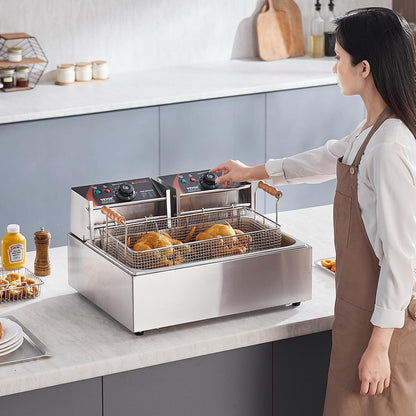 VEVOR Professional Electric Deep Fryer for Turkey, 2500 W with 3 Removable Baskets, Stainless Steel Fryer with Oil Oil, Oil Capacity Approx. 12 L, for Use in Kitchen, Restaurant, Silver