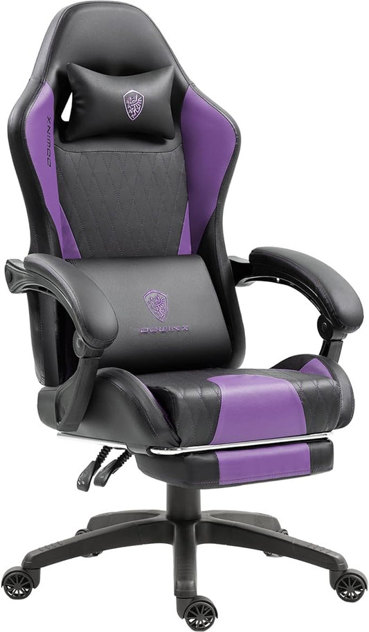 Dowinx Gaming Chair with Pocket Spring Cushion, Leather Massage Chair with Headrest, Ergonomic Computer Chair with Footrest, 136 kg, Black/Purple - QUORE