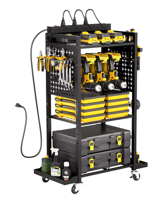 VEVOR 4-Tier Tool Organizer Cart with Charging Station, 8 AC Outputs, Floor Stand Rolling Drill Holder and Wheel Tool Battery Storage Rack, Garage Floor Rolling Storage Cart for Workshop, Garage