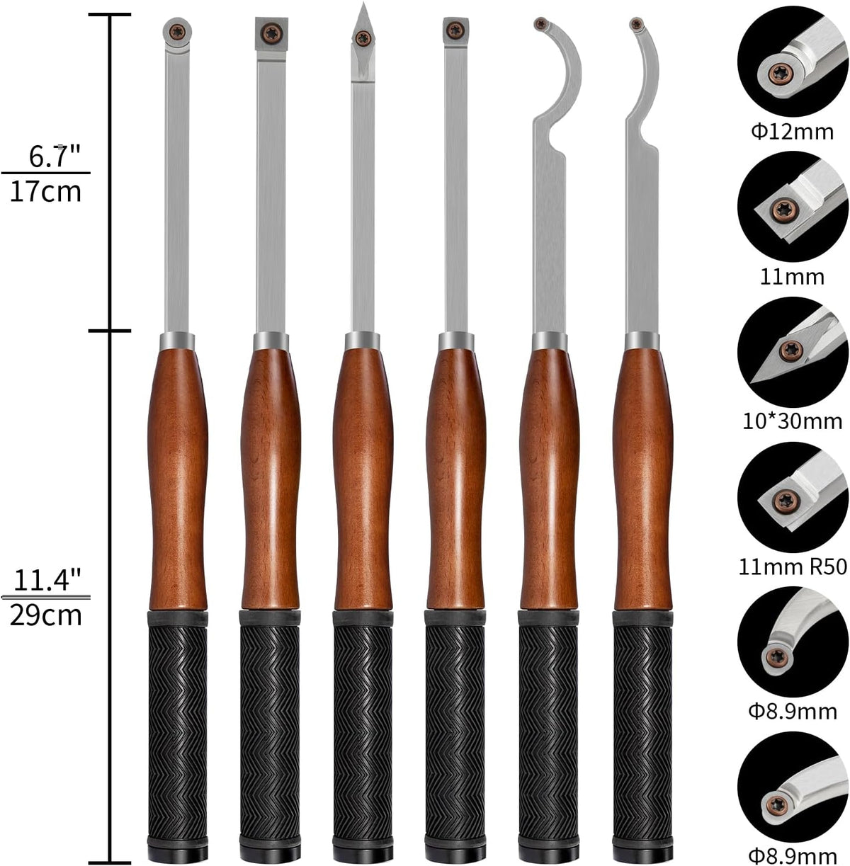 Carbide Houten Draaibank Draaien Gereedschapskit Met Houten Doos, 6 stuks 460mm Professionele Carbide Draaibank Gereedschappen Met Inbegrip Van Zwaan Hals Holter, Beukenhandvat Met Rubber