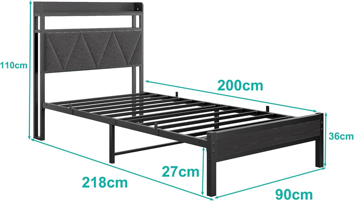 Gestoffeerd bedframe 90 x 200 cm, eenpersoonsbed frame met led en laadstation, bedframe met opbergruimte, tienerbed, logeerbed met hoofdeinde, perfect voor slaapkamer, logeerkamer, donkergrijs