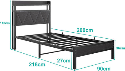 Gestoffeerd bedframe 90 x 200 cm, eenpersoonsbed frame met led en laadstation, bedframe met opbergruimte, tienerbed, logeerbed met hoofdeinde, perfect voor slaapkamer, logeerkamer, donkergrijs