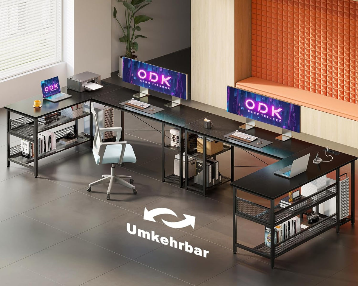 ODK Gaming tafel, L-vorm, omkeerbaar gaming bureau met 2 stopcontacten en 2 USB-laadpoorten, maximale organisatie en opbergruimte, zwart, 168 x 120 cm
