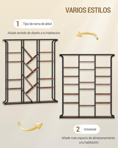 Hzuaneri BC53201B Bookcase, 3 Columns, 6 Animals, Tree-Shaped Bookcase, 17 Compartments, Open Independent Shelves, for Home Office, Bedroom, Living Room, 24 x 156 x 180 cm, Vintage Brown-Black