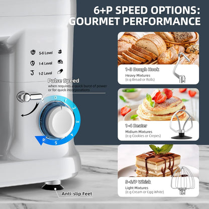 Planetary kneedmachine, professionele aanbieding, 1500 W, multifunctionele keukenmachine, 6,5 l, 6 + P, lage snelheid, geluidsarm, elektrische mixer met kneedhaak, platte garde