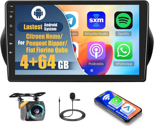 4+64G Car Radio for Citroen Nemo/Peugeot Bipper/Fiat Fiorino Qubo 2008-2017 Android with Wireless CarPlay Android Auto, 10'' Car Screen with Bluetooth WIFI GPS FM/RDS 32EQ SWC - QUORE