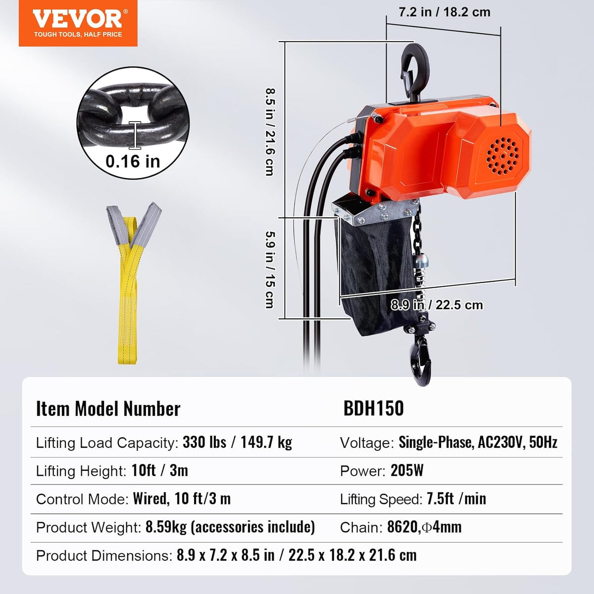 VEVOR Elektrische kettingtakel, 149,7 kg draagkracht, 3 m hefhoogte, 2,3 m/min snelheid, 1-fase elektrische lier met G80-ketting, 3 m kabelafstandsbediening, voor garage, winkel, hotel, thuis