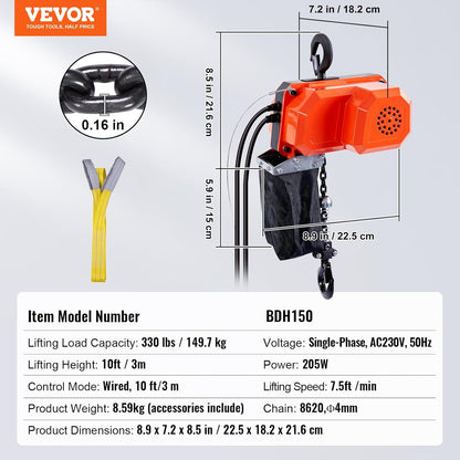 VEVOR Elektrische kettingtakel, 149,7 kg draagkracht, 3 m hefhoogte, 2,3 m/min snelheid, 1-fase elektrische lier met G80-ketting, 3 m kabelafstandsbediening, voor garage, winkel, hotel, thuis