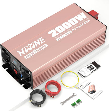 XWJNE Converter, 12 V, 220 V, zuivere sinus, 2000 W, omvormer, spanningsomvormer met 2 EU-stopcontacten, 1 USB-A, 1 USB-C, lcd-display, afstandsbediening, transformator 12 V, 220 V, voor auto, camping