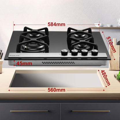 Gaskookplaat – Glazen Kookplaat – Inbouwkookplaat – Gasfornuis – Fornuis – 4 Vlammen – Wokbrander – 60 cm – 8000 Watt