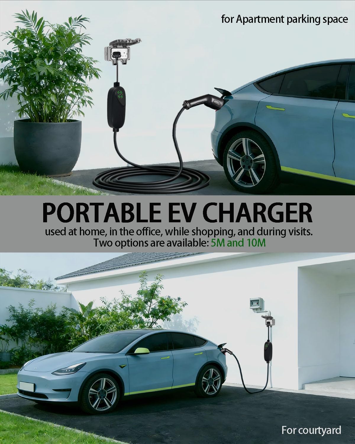 EV-lader – Elektrische Autolader – Laadadapter – Oplader – Schuko Lader – Instelbare Laadstroom – 10 Meter Kabel