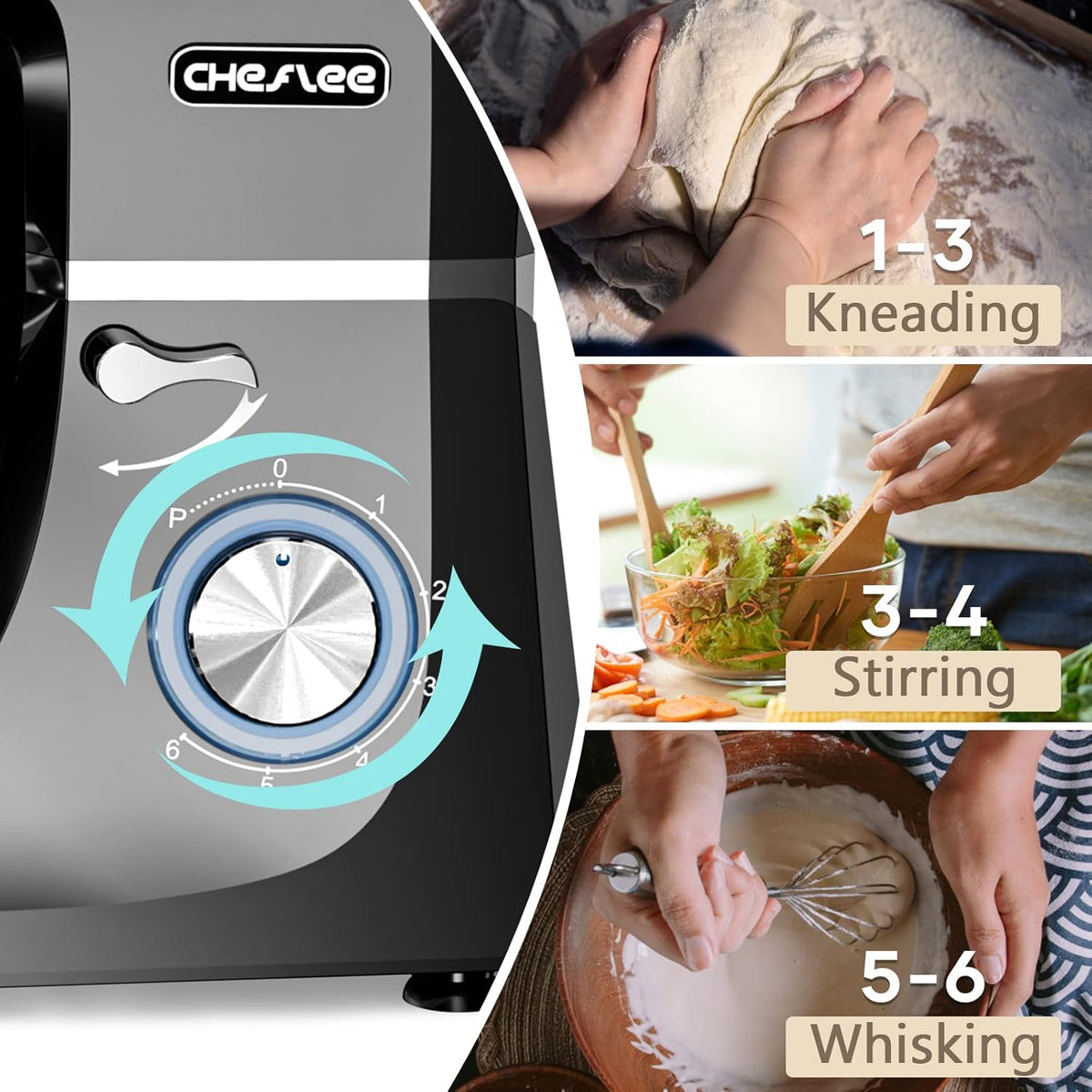 CHeflee Professionele planetaire mixer 6+P Speed Elektrische Mixer Multifunctionele Elektrische Keukenmachine met 6 Accessoires voor Deeg, Crème, Cake, Pizza (zwart)