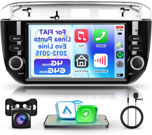 4G+64G Android Car Radio for FIAT Linea Punto Evo Line 2012-2015, 7 Inch Wireless CarPlay Car Radio with Android Auto, GPS Navigation, Mirror Link, Bluetooth, WiFi, FM/RDS/EQ/AI, DSP, SWC and - QUORE