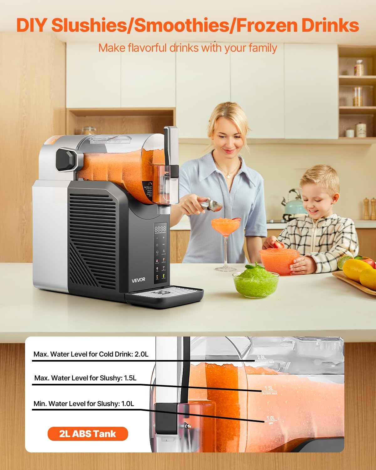 VEVOR - Slushie machine 2 l/68 oz, zonder ijs, slushie machine voor thuis, bevroren drankmachine met 6 vooraf ingestelde programma's, zelfreinigende madeliefjesmachine