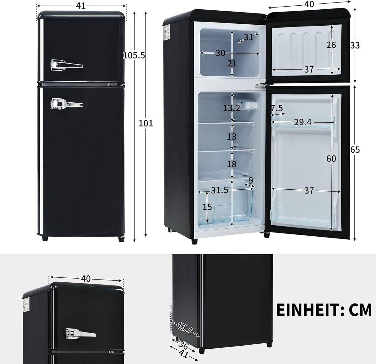 Retro Fridge-Freezer 92L with 28L Freezer Compartment, D Energy Class, Two-Door Design for Kitchen/Living Room, Compact 105.5 cm High, 7 Temperature Levels, R600a Refrigerant - QUORE
