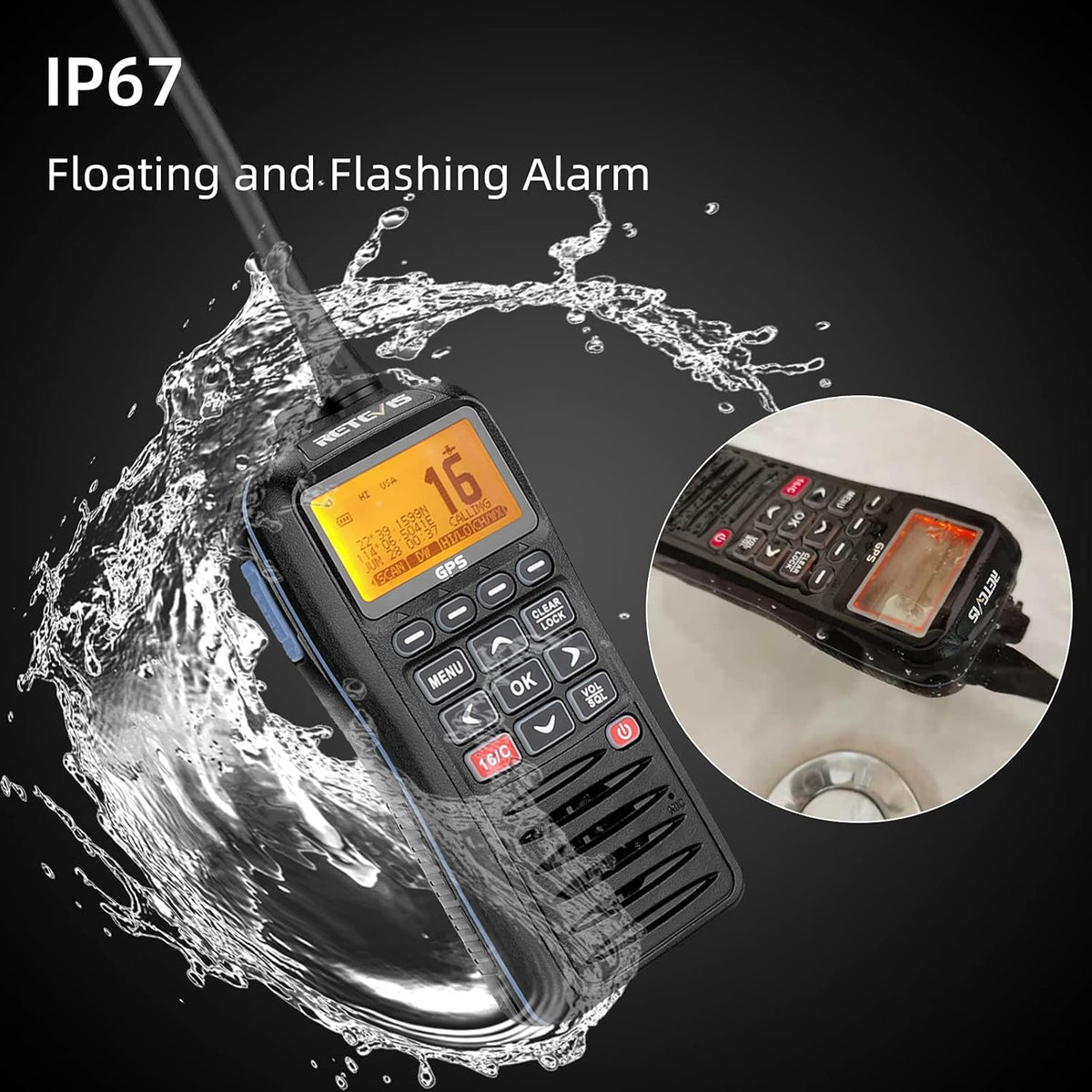 Retevis RM40 Marine radio, IP67 waterdicht, met DSC, GPS, draagbare zwevende radio, VHF Marine transceiver voor redding, kustwacht (zwart, 1 stuk)