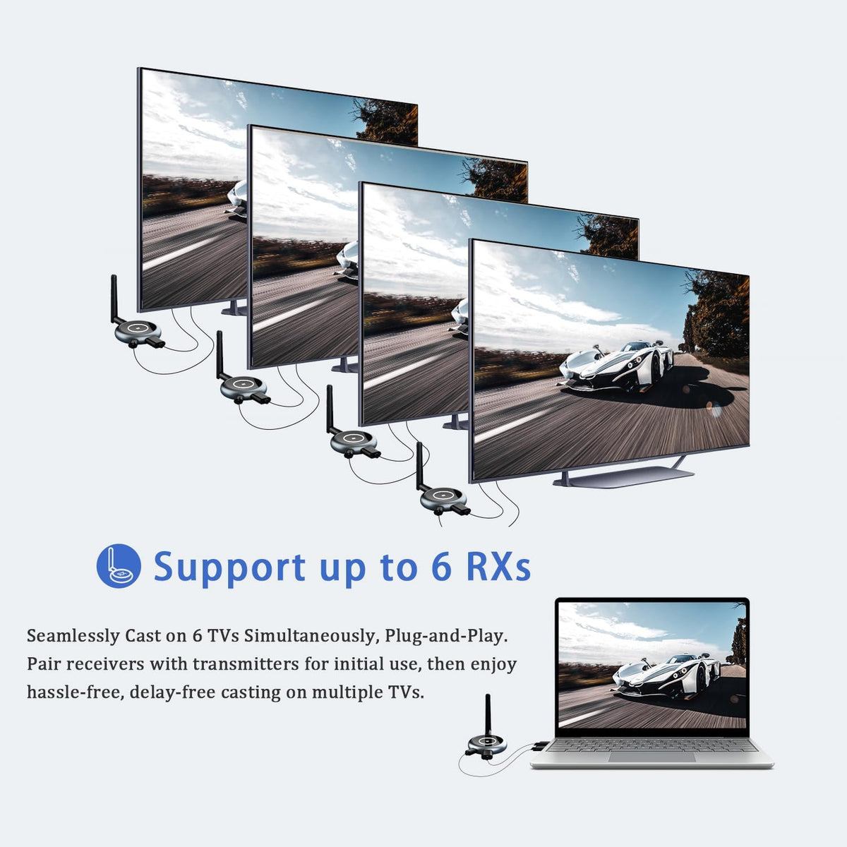 Draadloze HDMI-zender en 3 ontvangers, 5.8G HDMI draadloze extender 165FT/50M casting 1080P @60Hz video voor laptop, pc, camera tv-box naar meerdere tv's, projector, display, geen Bluetooth nodig