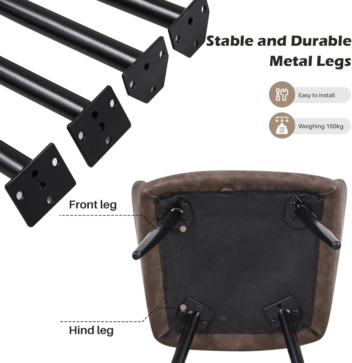 TUKAILAI Eetkamerstoelen, set van 2 met armleuningen, kunstleer, gestoffeerd, rugleuning, metalen poten, loungeontvangst, eetkamer, keuken, woonkamer, 2 stuks, bruin