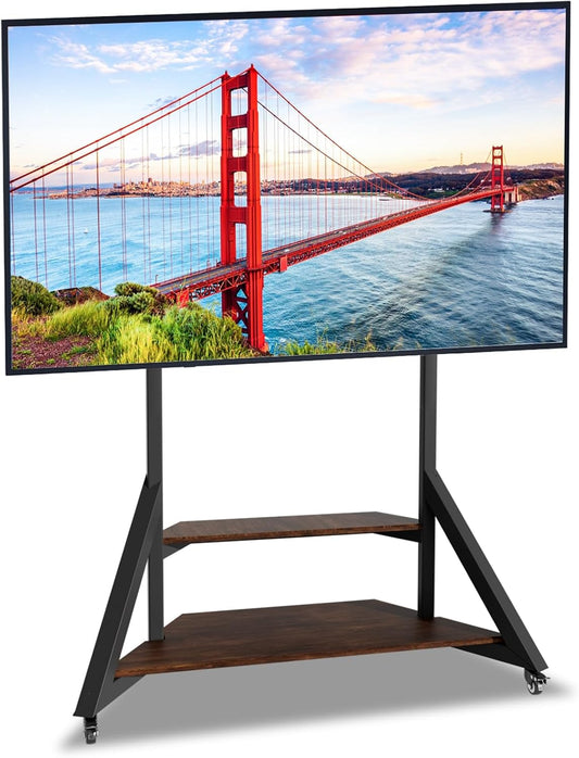 unho Mobiele vloer-tv-standaard met wielen en houten planken voor tv's van 40 tot 75 inch, geschikt voor maximaal 80 kg, VESA 600 x 400 mm, in hoogte verstelbaar, zwaar zwart, zwart