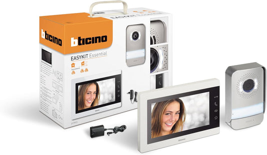 Bticino 317913 Easy Kit Essential Video-intercom voor een gezin, plug-in 2 draden met: 1 externe knop, bel en camera, 1 interne monitor 7 inch (17,8 cm) met handsfree-installatie