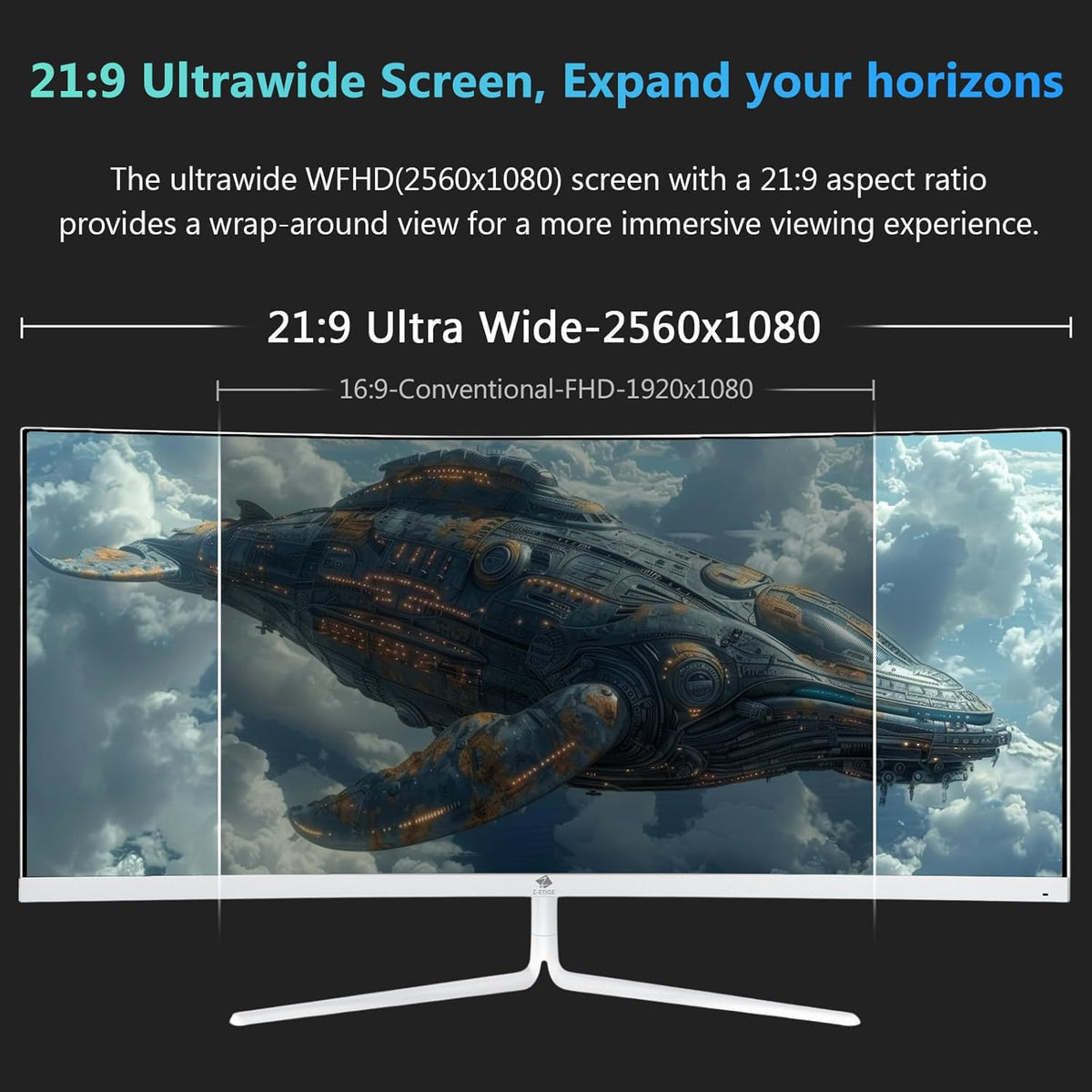 Z-Edge Gaming Monitor Curved White 30'' 200Hz, 1ms, 2560x1080, FreeSync, Screen PC White Ultrabrede 21:9, Adjustable Tilt, 1500R VA, 2×HDMI2.0 & 2×DP1.4, RGB, VESA 75*75mm(DP cable included)