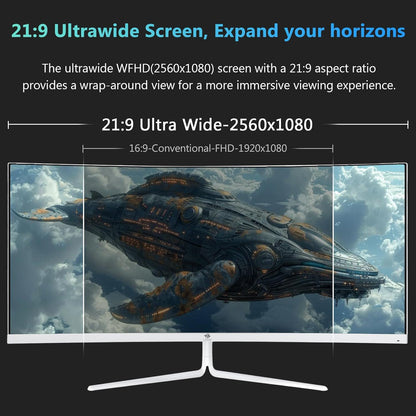 Z-Edge Gaming Monitor Curved White 30'' 200Hz, 1ms, 2560x1080, FreeSync, Screen PC White Ultrabrede 21:9, Adjustable Tilt, 1500R VA, 2×HDMI2.0 & 2×DP1.4, RGB, VESA 75*75mm(DP cable included)