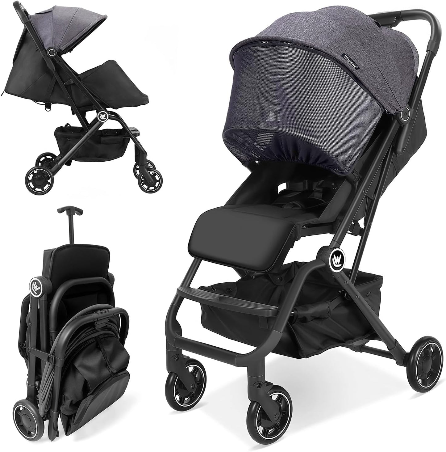 Lichtgewicht Kinderwagen, Compacte Reiskinderwagen met Verstelbare Rugleuning en Opbergmand, met Één Hand, Gemakkelijk Opvouwbare Kinderwagen voor Vliegreizen en Meer