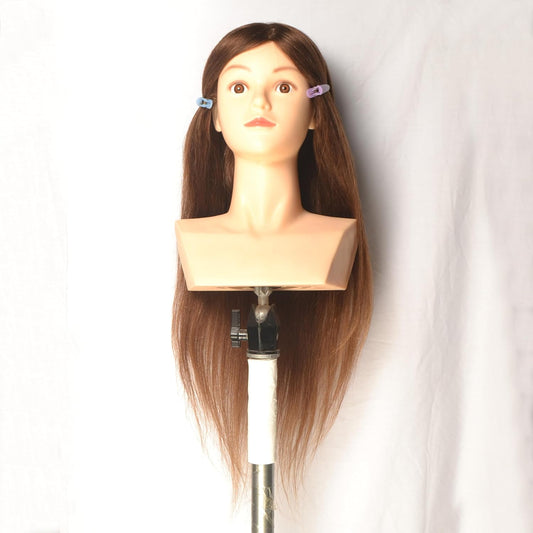55,9 cm, 100% echt haar, mannequinhoofd, cosmeticahoofd, praktisch, gevlochten, training, kleuren, krullen, knippen, opgestoken kapsels (donkerbruin)