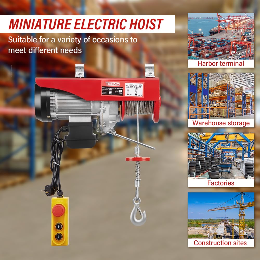 TEENO Elektrische takel 1200 W, overbelasting lift elektrische lier 220 V, enkele en dubbele ophanging 300 kg/600 kg, 6 m/min |12 m/min rood