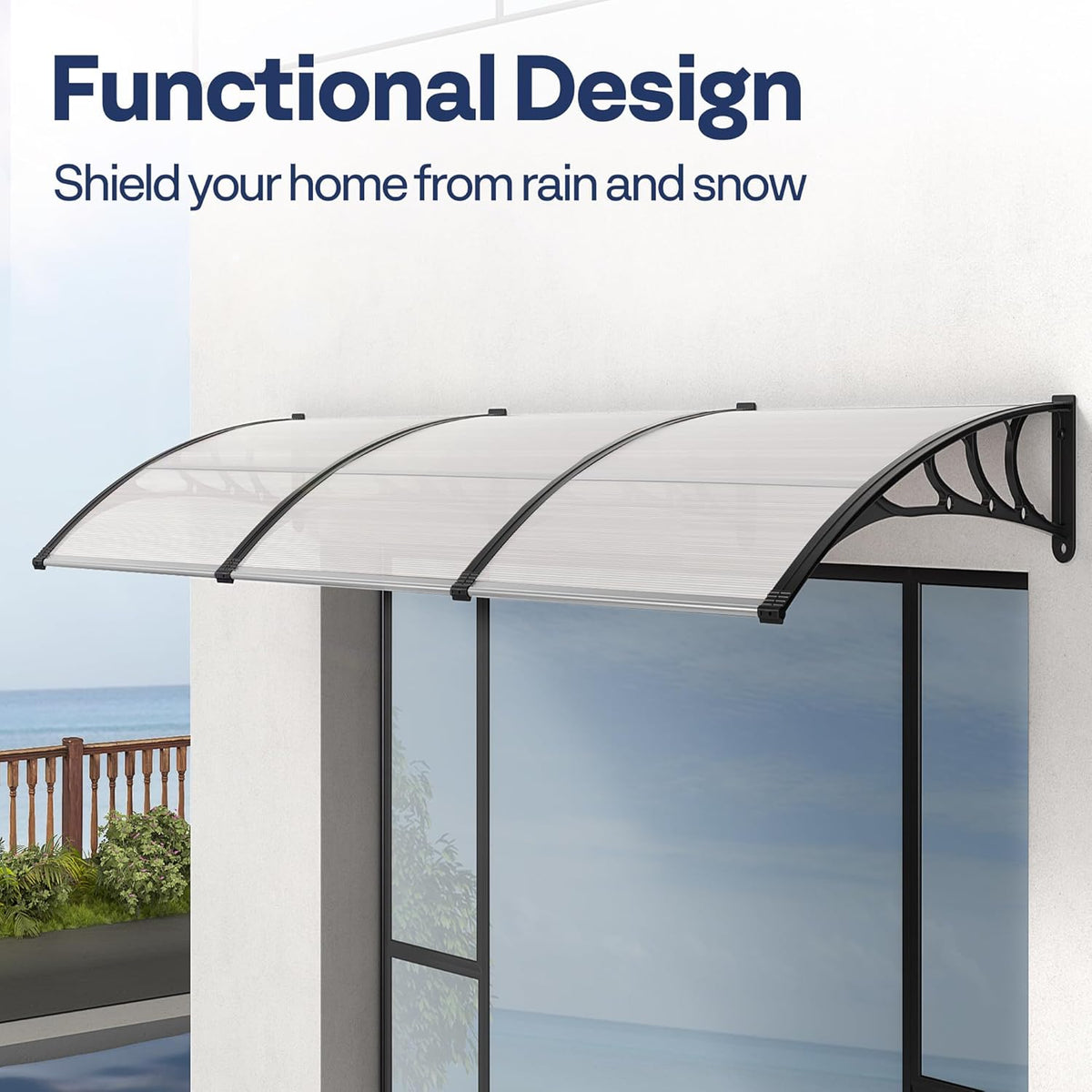 VIVOHOME Vensterdeur Luifel Transparant voor voordeur 100 x 300cm met aluminium frame en polycarbonaat luifel met boogzonwering en regenbescherming