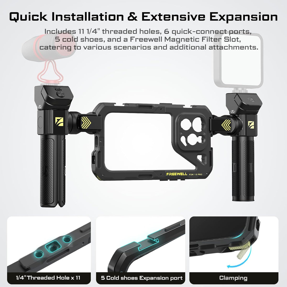 Freewell Multifunctionele Genius Rig Cage zonder gereedschap voor smartphone, snelle installatie, statief- en monopod-handgrepen, Bluetooth-afstandsbediening voor iPhone 15 Pro Max