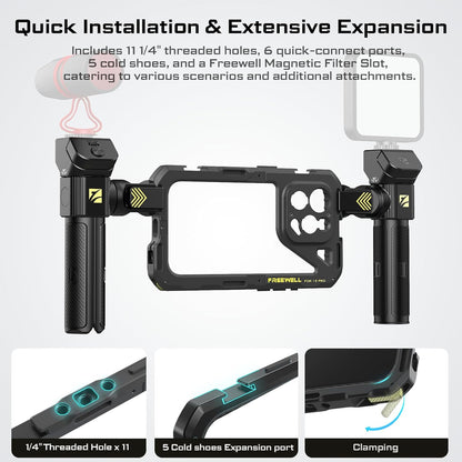 Freewell Multifunctionele Genius Rig Cage zonder gereedschap voor smartphone, snelle installatie, statief- en monopod-handgrepen, Bluetooth-afstandsbediening voor iPhone 15 Pro Max