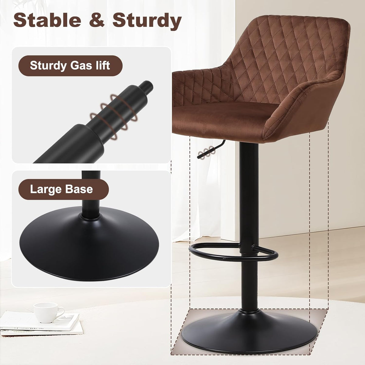 ralex-chair Barkrukken set van 2, in hoogte verstelbare fluwelen stof draaibare barkrukken, ontbijt eetkamerstoelen met rugleuning en armleuningen voor bar, toonbank en keuken, Bruin