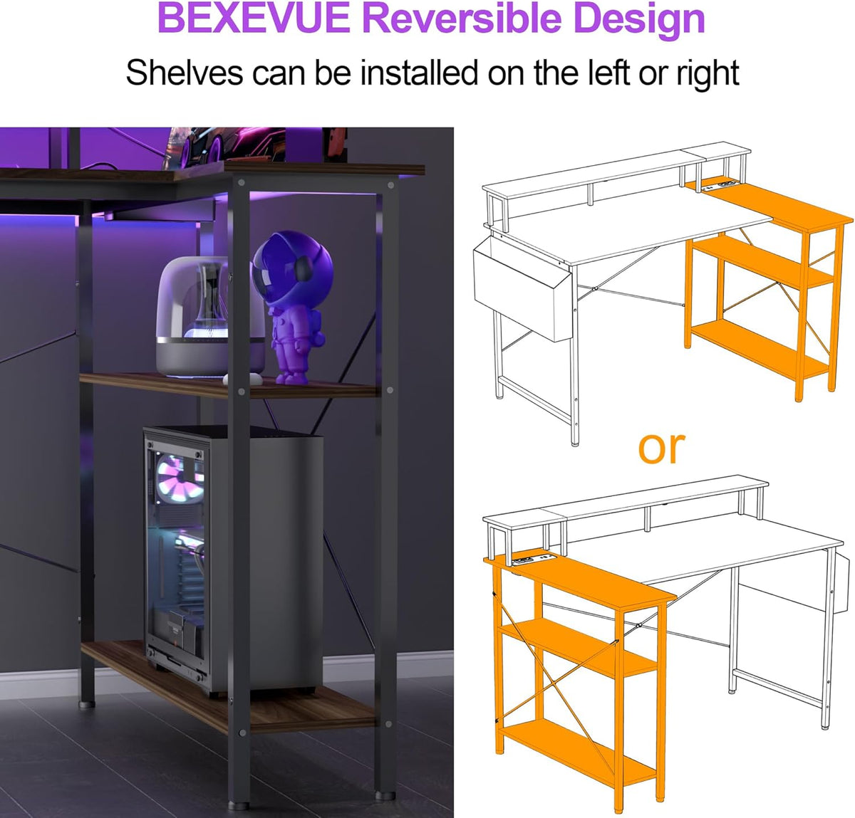 BEXEVUE L-vormig Hoekbureau Stopcontacten LED - 120x70 cm Hoekcomputerbureau Schrijftafel, Omkeerbare Grote Opbergplanken, Boekenplank Werkstation voor Studie Speel Werk Slaapkamer Thuis Kantoor