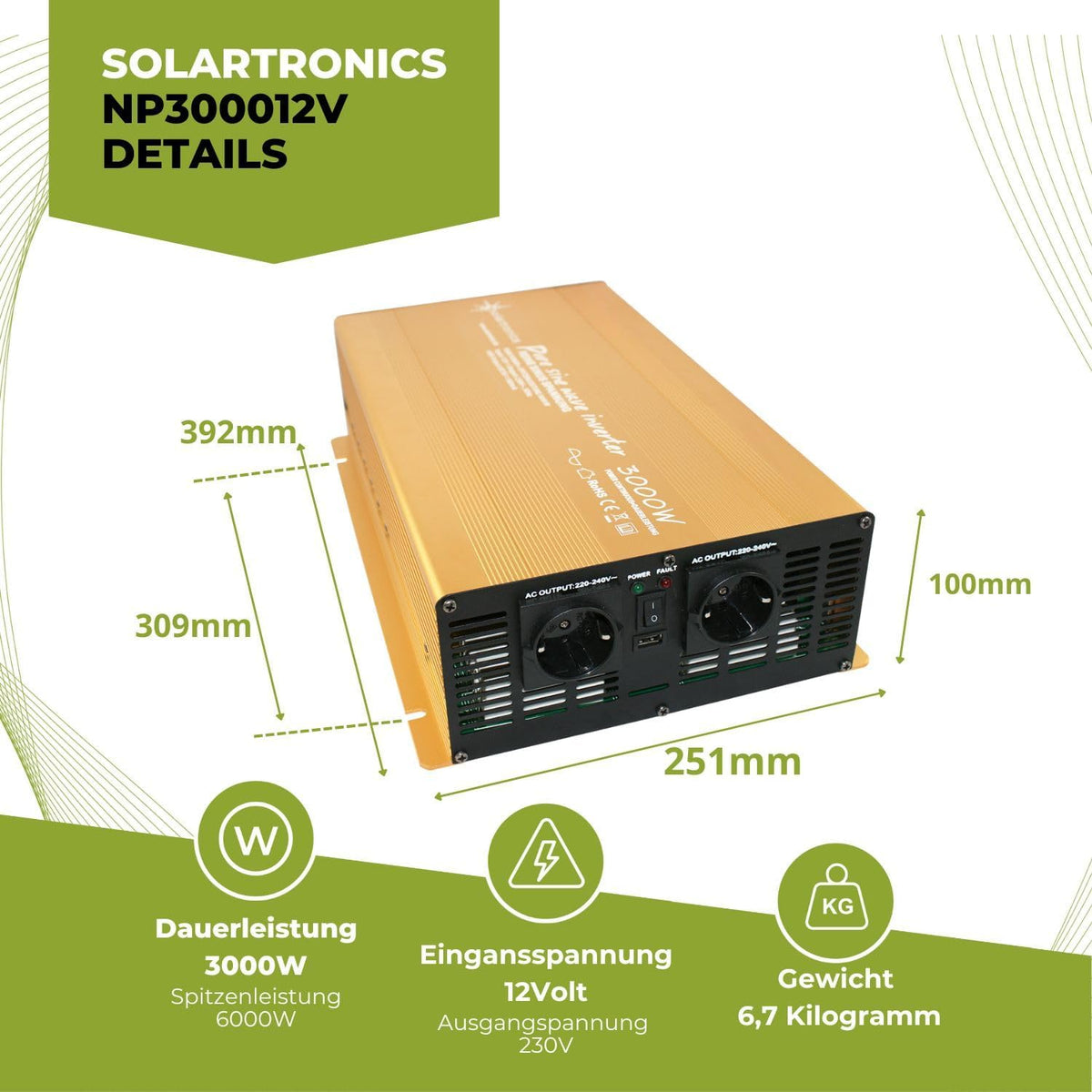 Omvormer - spanningsomvormer 12V 300 tot 3000 Watt zuivere SINUS met echte Power USB 2.1A Gold Edition ... (3000-6000 Watt)