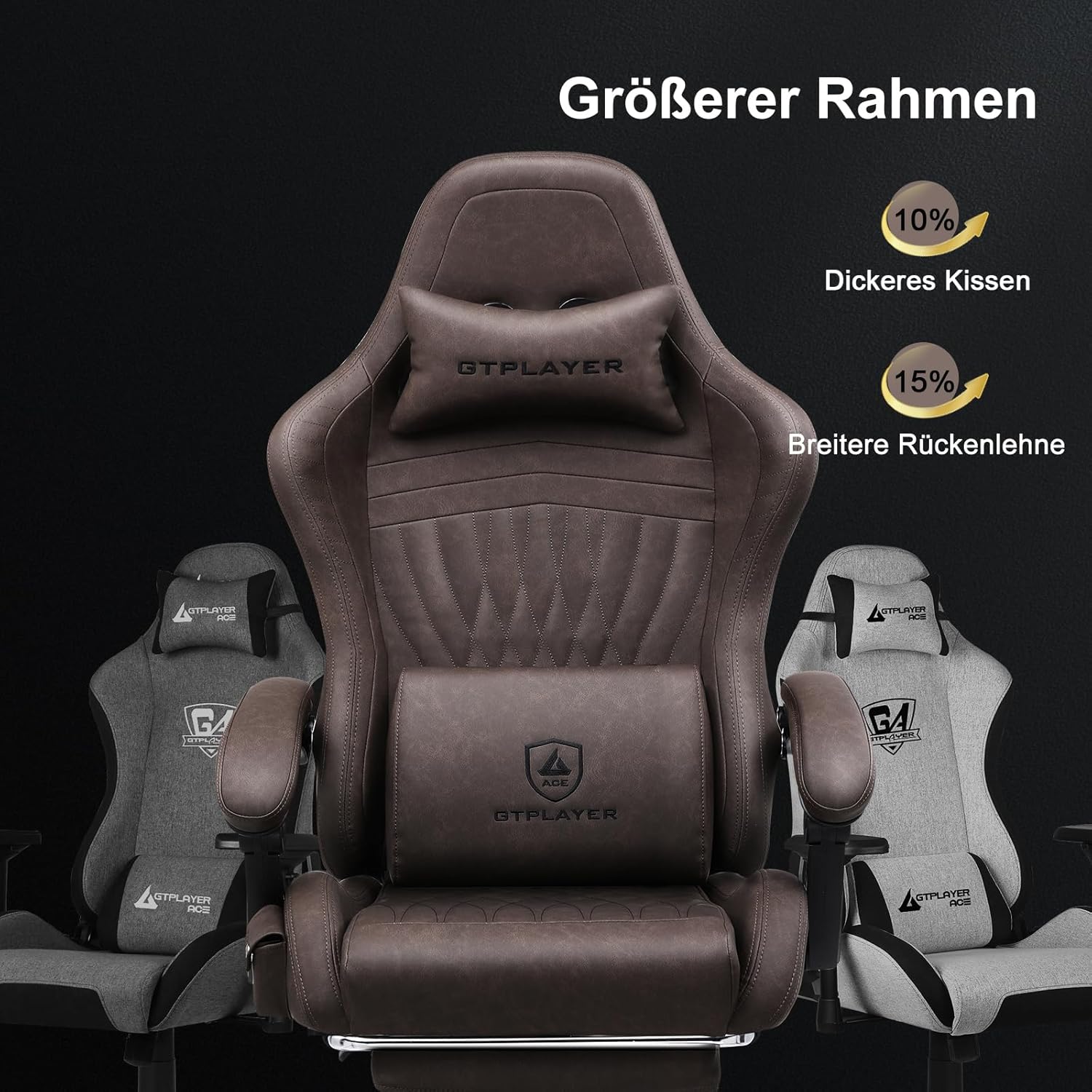 GTPLAYER Leather Game Chair, Ergonomic Game Chair, Desk Chair with Footrest, Speaker, Adjustable Headrest and Lumbar Support, Tilting Backrest, Light Brown - QUORE