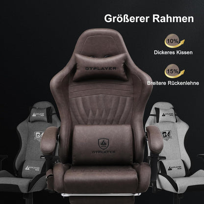 GTPLAYER Leather Game Chair, Ergonomic Game Chair, Desk Chair with Footrest, Speaker, Adjustable Headrest and Lumbar Support, Tilting Backrest, Light Brown - QUORE