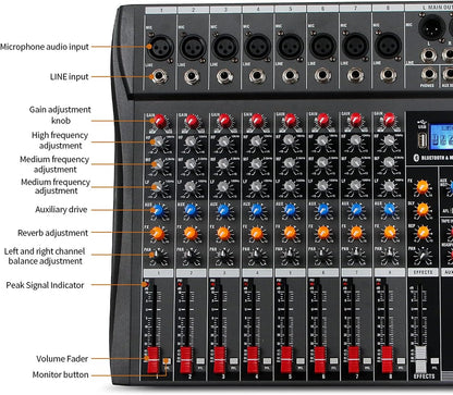 Bluetooth USB audiomixer – Mengpaneel – Mengtafel – Soundboard – DJ mixer – 8-kanaals zwart – Bluetooth streaming – 48V fantoomvoeding