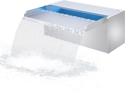 LONGRUN 30 cm vijver waterval, 304 roestvrij staal, zwembadwaterval met waterpomp, 7 kleuren Bluetooth LED tuinfontein