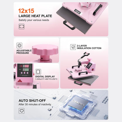 VEVOR 5-in-1 hittepers, dienblad 30 x 38 cm, textielsublimatiemachine met 89 cl bekerpers, 360 graden draaibaar, nauwkeurige digitale bediening, doe-het-zelf T-shirts/hoeden/kopjes/borden, roze