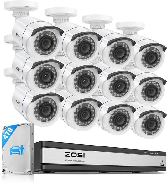 ZOSI IA CCTV-systeem – intelligente detectie van personen/auto, 12 camera's hoek 90°, nacht 24 m, DVR 16 CH + 4 TB