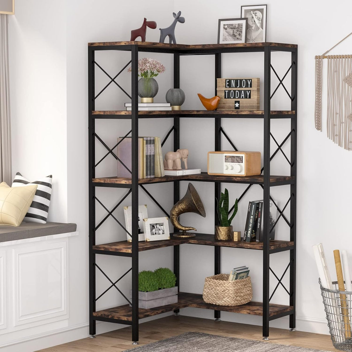 Tribesigns Corner Bookshelf, Large Modern Corner Bookcase, High Corner Shelf Storage Display Rack with Metal Frame for Living Room Home Office (Rustic Brown) (5 Shelves)