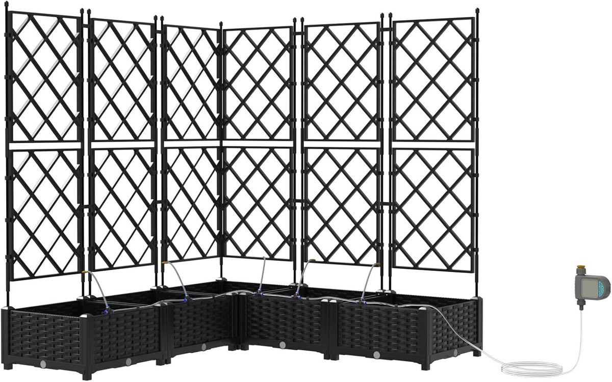 Rectangular Flower Box with Trellis and Irrigation System, Black for Garden, Balcony, Indoor and Outdoor Use, Material: Plastic, Waterproof, Modern Design - QUORE