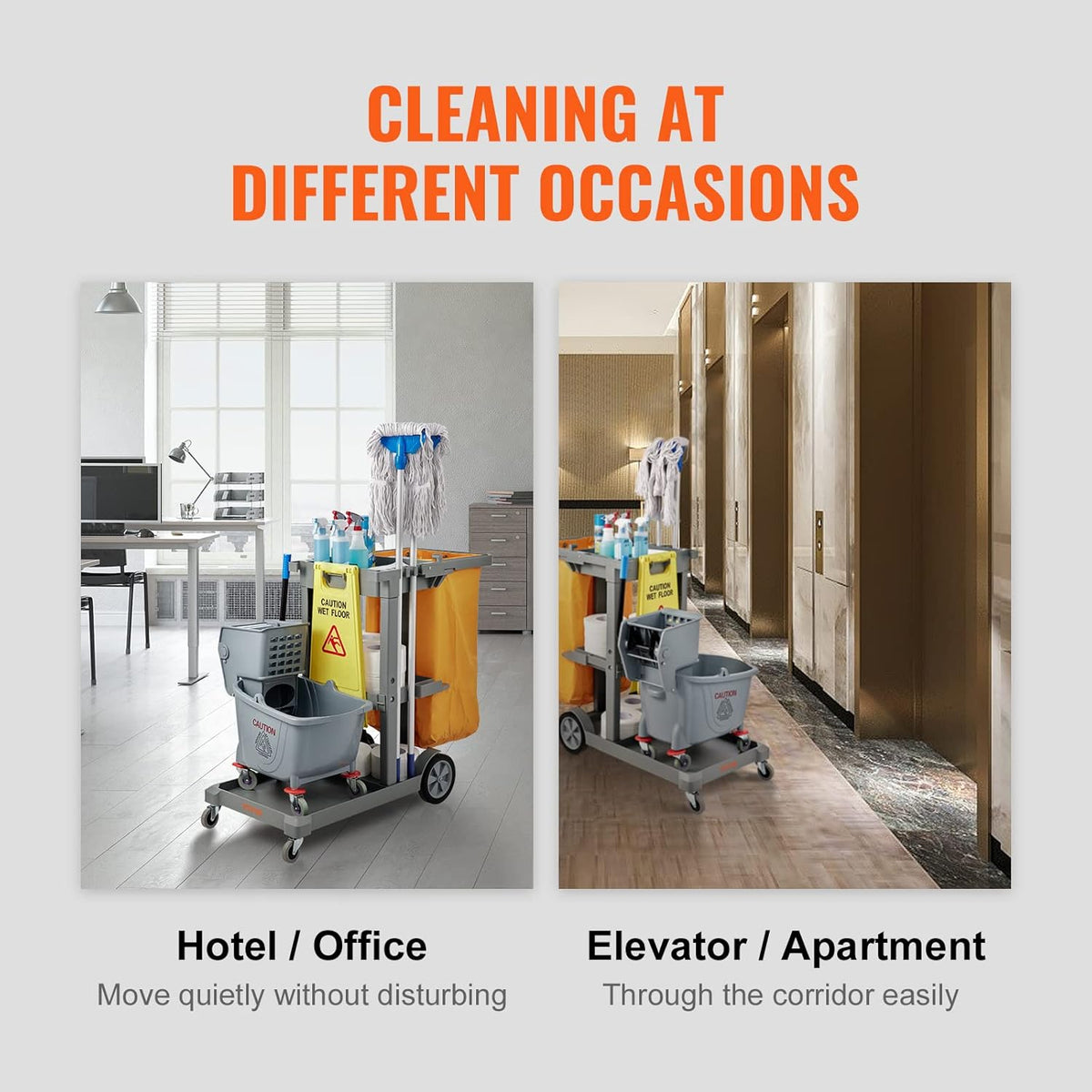 VEVOR Professional Household Cart, 3 Floors, Cleaning Trolley, Polypropylene Washing with PVC Bag, Maintenance Car, Load, 90.7 kg, Liquid Movement, Storage, Maintenance Tools, Office, Hotel, Grey