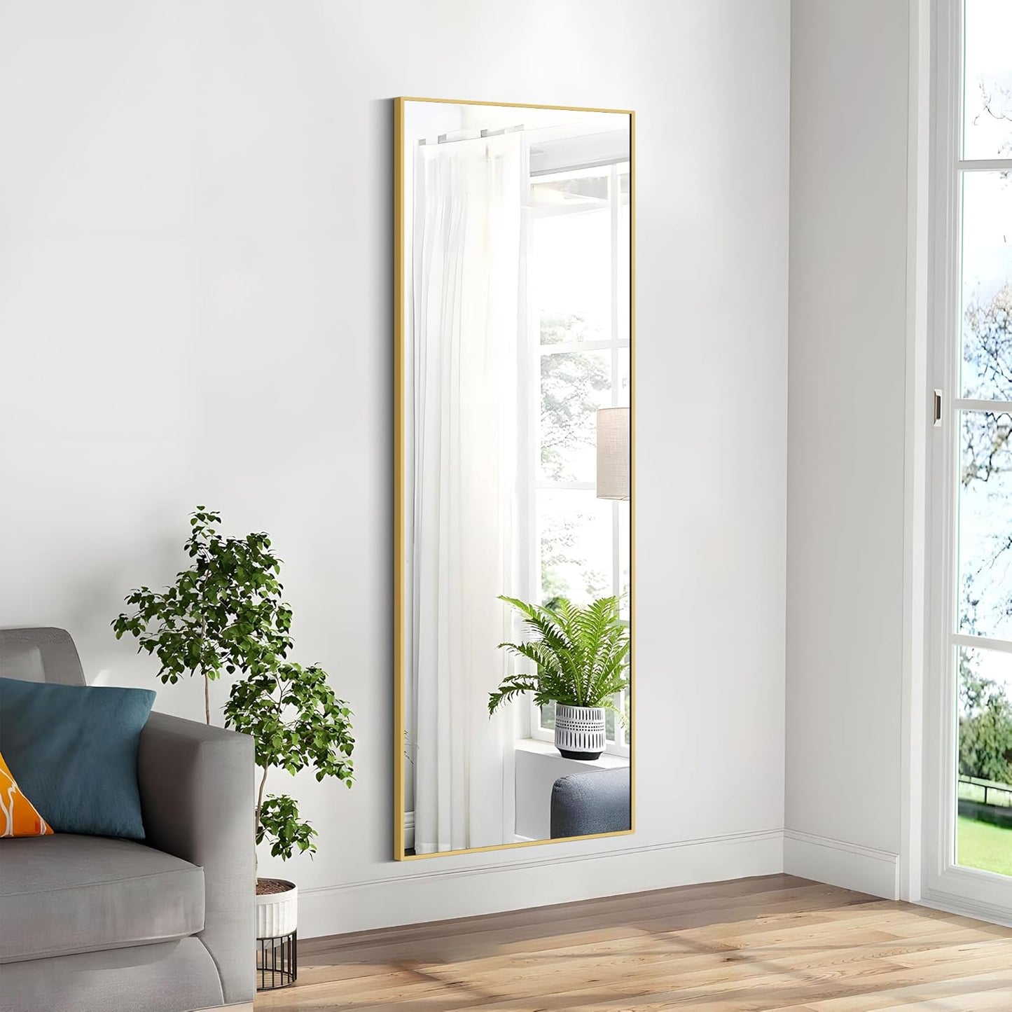 WOLIBEER Volledige spiegel, 147 x 44 cm, rechthoekige full-body spiegel met goudkleurig aluminium frame, wandspiegel, staande spiegel voor slaapkamer, kleedkamer, fitnessstudio, hal