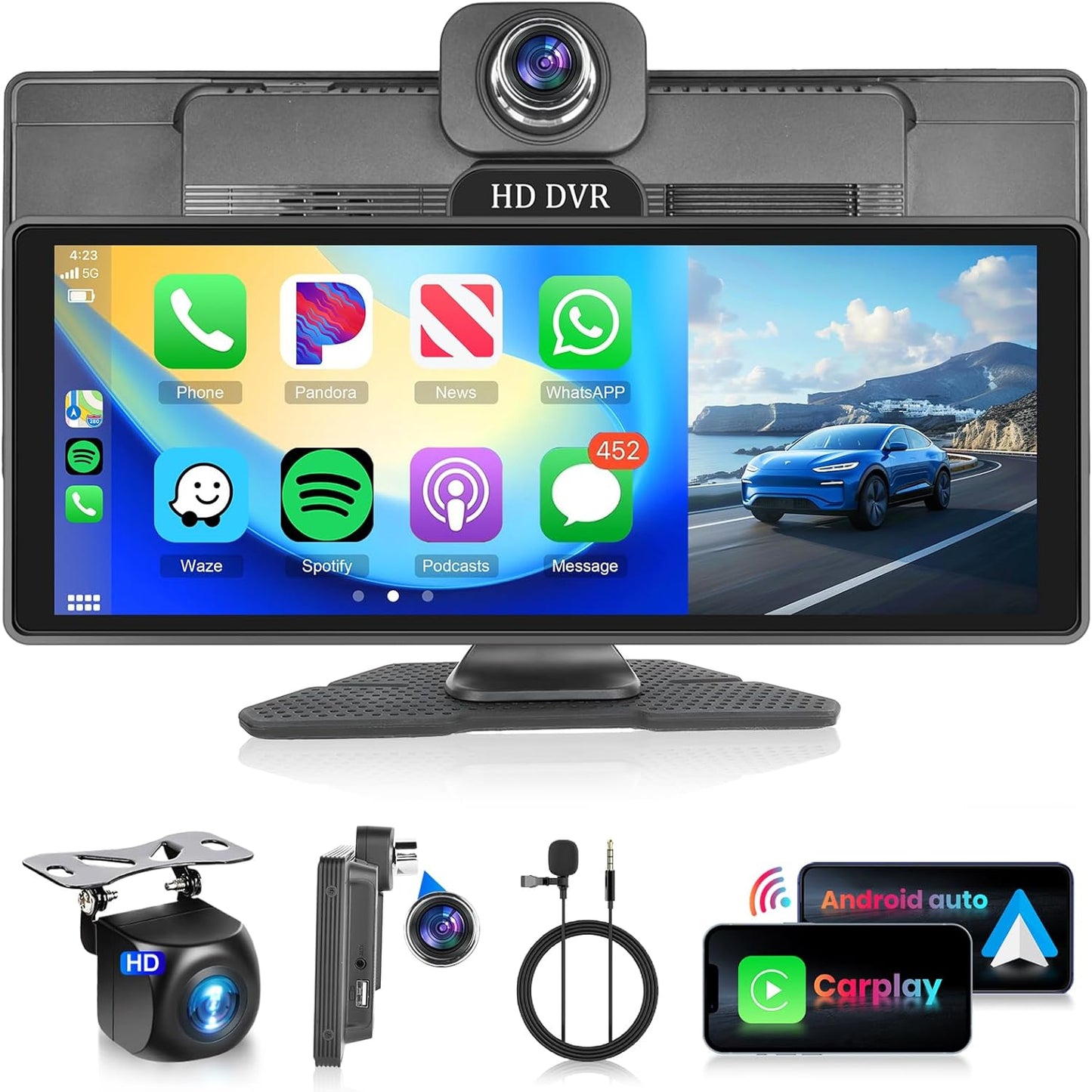 Podofo Carplay Draagbare autoradio, voor Android en Android, 10,26 inch touchscreen, ADAS FM-zender, USB/AUX/SD gedeeld scherm met achteruitrijcamera, 10 m, DC9-36 V