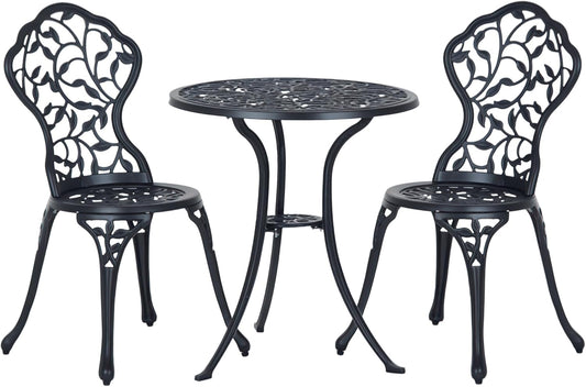 Outsunny bistro set 3 pcs cast aluminium garden set, balcony set, balcony furniture set, bistro table with 2 chairs, garden furniture, black - QUORE
